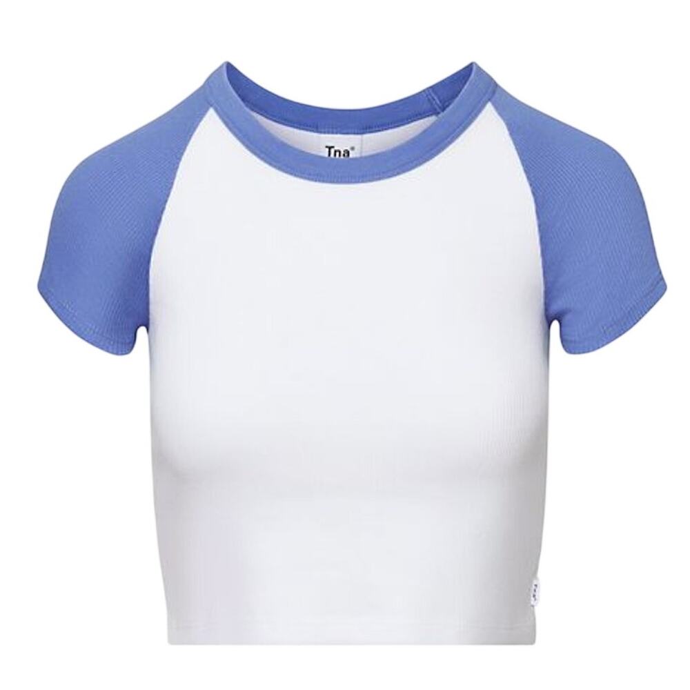 Tna Ribbed White Blue Raglan T Shirt Top Size S